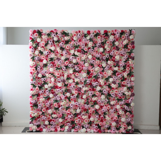 purple and pink roses and green leaves cloth roll up flower wall fabric hanging curtain plant wall event party wedding backdrop