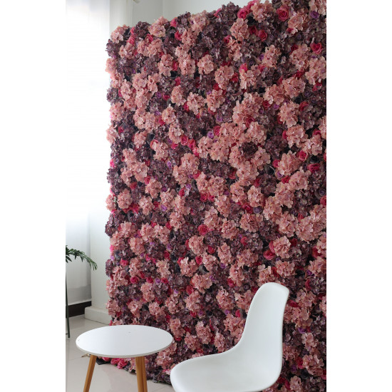 purple and pink roses and hydrangeas cloth roll up flower wall fabric hanging curtain plant wall event party wedding backdrop