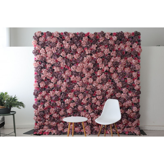 purple and pink roses and hydrangeas cloth roll up flower wall fabric hanging curtain plant wall event party wedding backdrop