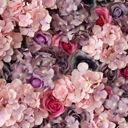 purple and pink roses and hydrangeas cloth roll up flower wall fabric hanging curtain plant wall event party wedding backdrop