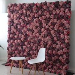 purple and pink roses and hydrangeas cloth roll up flower wall fabric hanging curtain plant wall event party wedding backdrop