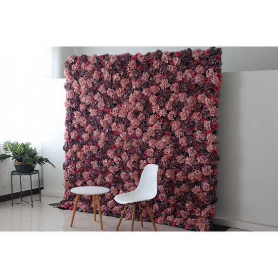 purple and pink roses and hydrangeas cloth roll up flower wall fabric hanging curtain plant wall event party wedding backdrop