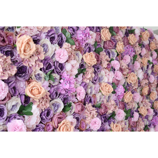 purple and pink roses and hydrangeas cloth roll up flower wall fabric hanging curtain plant wall event party wedding backdrop