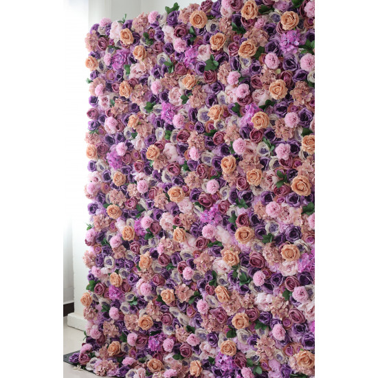 purple and pink roses and hydrangeas cloth roll up flower wall fabric hanging curtain plant wall event party wedding backdrop