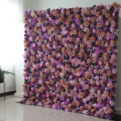 purple and pink roses and hydrangeas cloth roll up flower wall fabric hanging curtain plant wall event party wedding backdrop