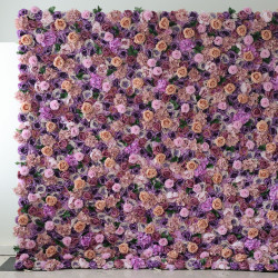 purple and pink roses and hydrangeas cloth roll up flower wall fabric hanging curtain plant wall event party wedding backdrop