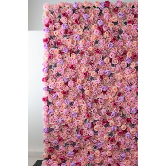 purple and rose roses and pink roses and peonies cloth roll up flower wall fabric hanging curtain plant wall event party wedding backdrop