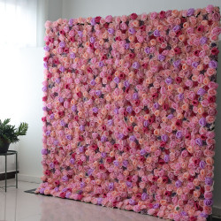 purple and rose roses and pink roses and peonies cloth roll up flower wall fabric hanging curtain plant wall event party wedding backdrop