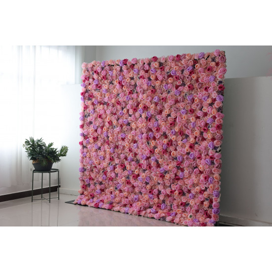 purple and rose roses and pink roses and peonies cloth roll up flower wall fabric hanging curtain plant wall event party wedding backdrop