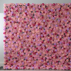 purple and rose roses and pink roses and peonies cloth roll up flower wall fabric hanging curtain plant wall event party wedding backdrop