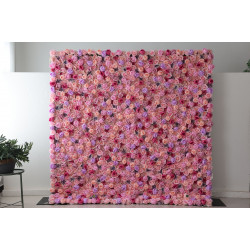 purple and rose roses and pink roses and peonies cloth roll up flower wall fabric hanging curtain plant wall event party wedding backdrop