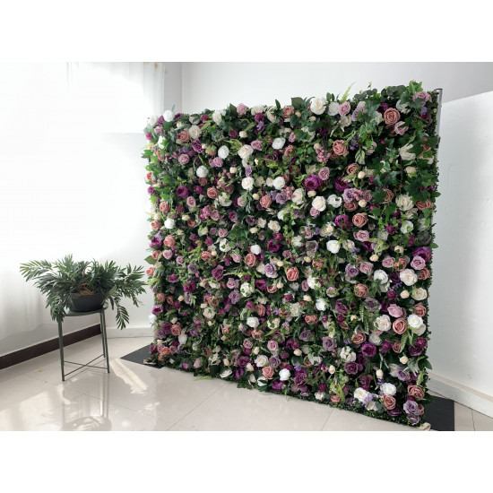 purple peonies and pink roses and green leaves cloth roll up flower wall fabric hanging curtain plant wall event party wedding backdrop