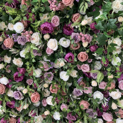 purple peonies and pink roses and green leaves cloth roll up flower wall fabric hanging curtain plant wall event party wedding backdrop