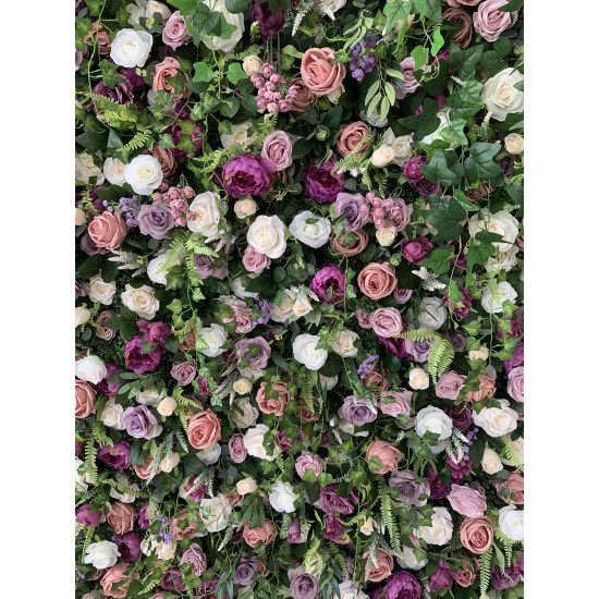 purple peonies and pink roses and green leaves cloth roll up flower wall fabric hanging curtain plant wall event party wedding backdrop