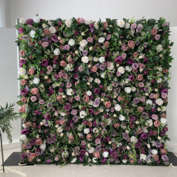 purple peonies and pink roses and green leaves cloth roll up flower wall fabric hanging curtain plant wall event party wedding backdrop