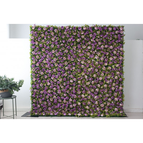 purple roses and green leaves cloth roll up flower wall fabric hanging curtain plant wall event party wedding backdrop