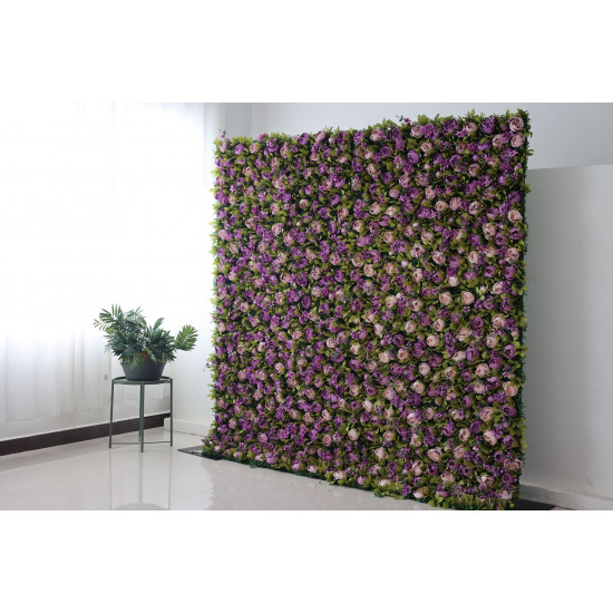 purple roses and green leaves cloth roll up flower wall fabric hanging curtain plant wall event party wedding backdrop