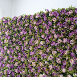 purple roses and green leaves cloth roll up flower wall fabric hanging curtain plant wall event party wedding backdrop