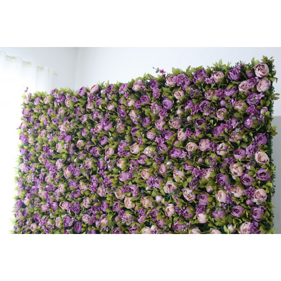 purple roses and green leaves cloth roll up flower wall fabric hanging curtain plant wall event party wedding backdrop