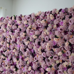 purple roses and hydrangeas and peonies cloth roll up flower wall fabric hanging curtain plant wall event party wedding backdrop