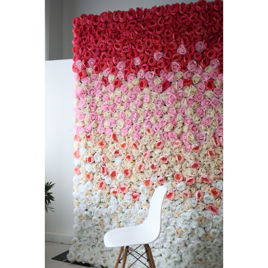 red and pink peonies and light yellow and pink roses cloth roll up flower wall fabric hanging curtain plant wall event party wedding backdrop