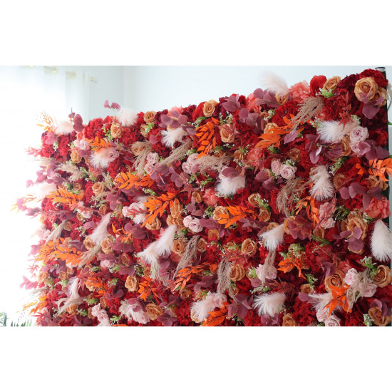 red and pink roses and red hydrangeas cloth roll up flower wall fabric hanging curtain plant wall event party wedding backdrop