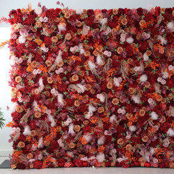 red and pink roses and red hydrangeas cloth roll up flower wall fabric hanging curtain plant wall event party wedding backdrop