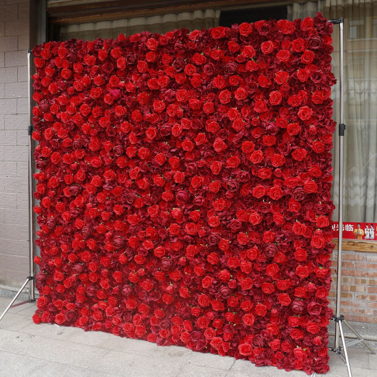 red burgundy rose roll up cloth 5d flower wall arrangement wedding backdrop decor hanging curtain green plants wall