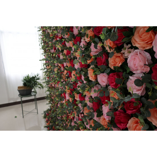 red pink orange roses and green leaves cloth roll up flower wall fabric hanging curtain plant wall event party wedding backdrop