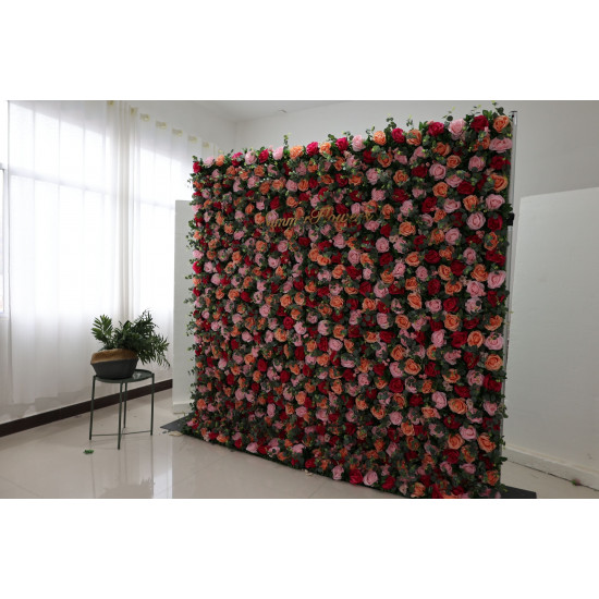 red pink orange roses and green leaves cloth roll up flower wall fabric hanging curtain plant wall event party wedding backdrop