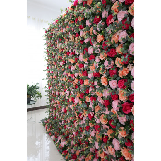 red pink orange roses and green leaves cloth roll up flower wall fabric hanging curtain plant wall event party wedding backdrop