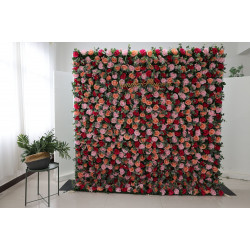 red pink orange roses and green leaves cloth roll up flower wall fabric hanging curtain plant wall event party wedding backdrop