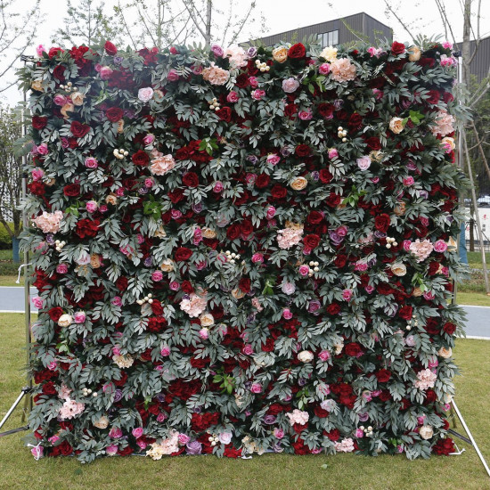 red purple artificial roses green leaves arrangement roll up cloth floral wall wedding backdrop decor plant wall