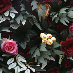 red purple artificial roses green leaves arrangement roll up cloth floral wall wedding backdrop decor plant wall