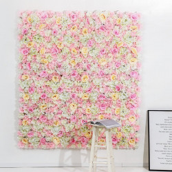 pink and champagne and yellow rose flowers wall, artificial flowers backdrop