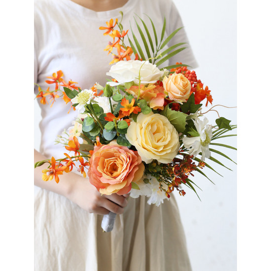 orange rose wedding bridal bouquet, wedding bouquet flowers, diy wedding flowers, artificial wedding flowers